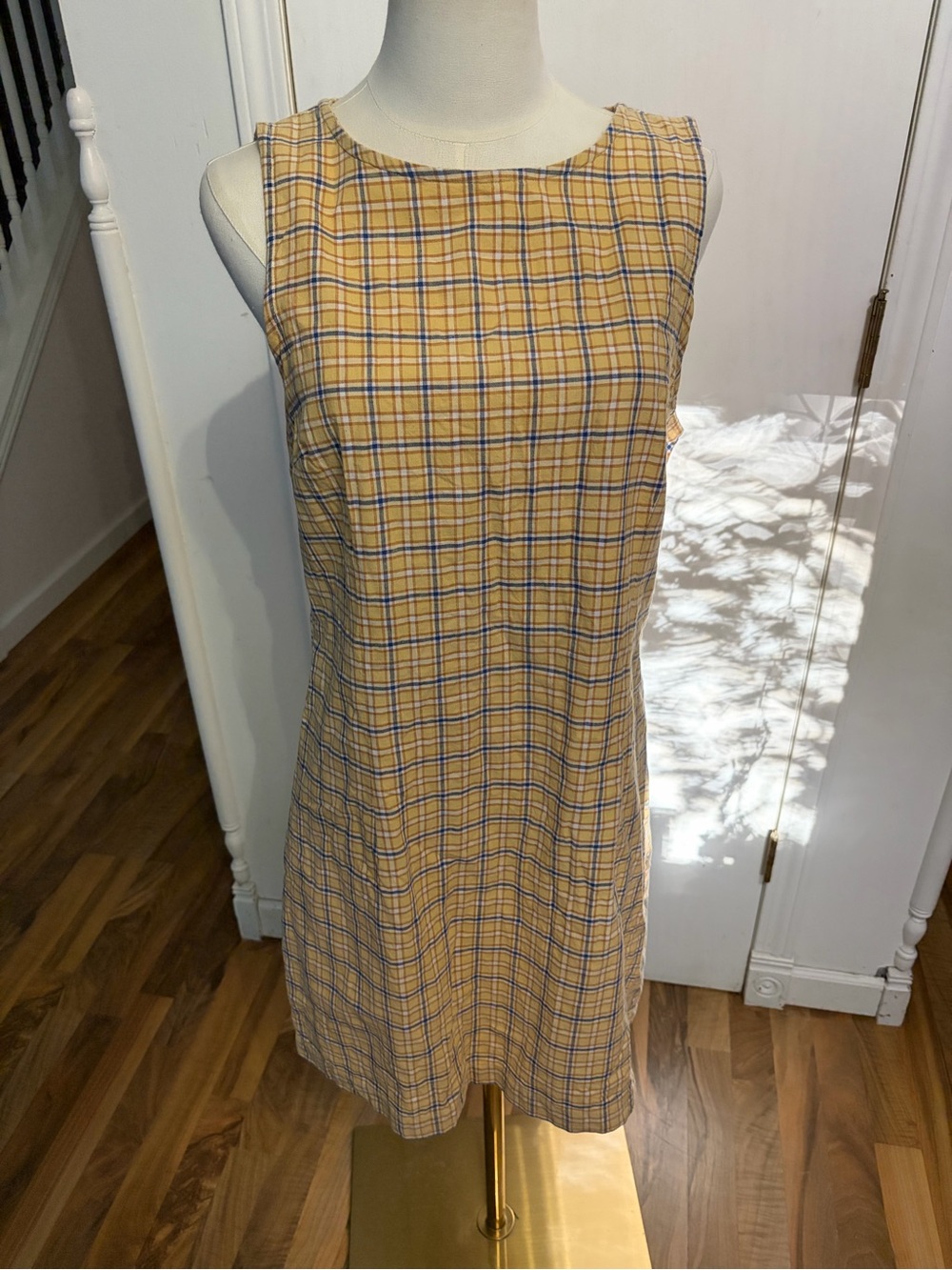 Vintage Yellow Preppy Plaid Sleeveless Shift Dress, Large, EUC